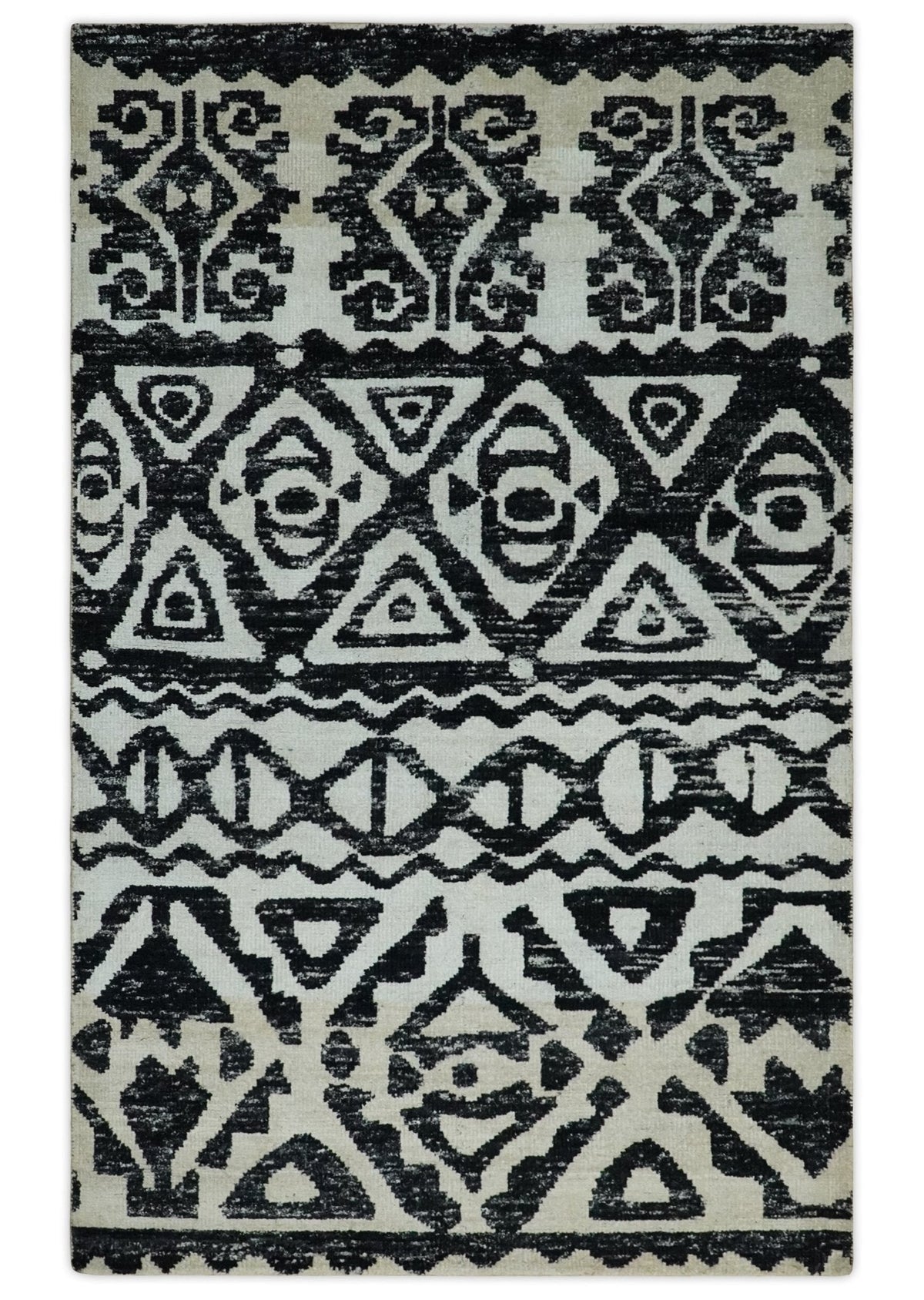 Hand Knotted Ivory and Black Modern Contemporary Recycled Silk Area Rug.