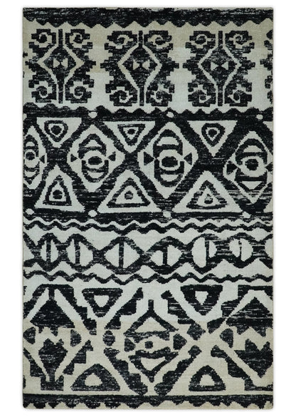 Hand Knotted Ivory and Black Modern Contemporary Recycled Silk Area Rug.