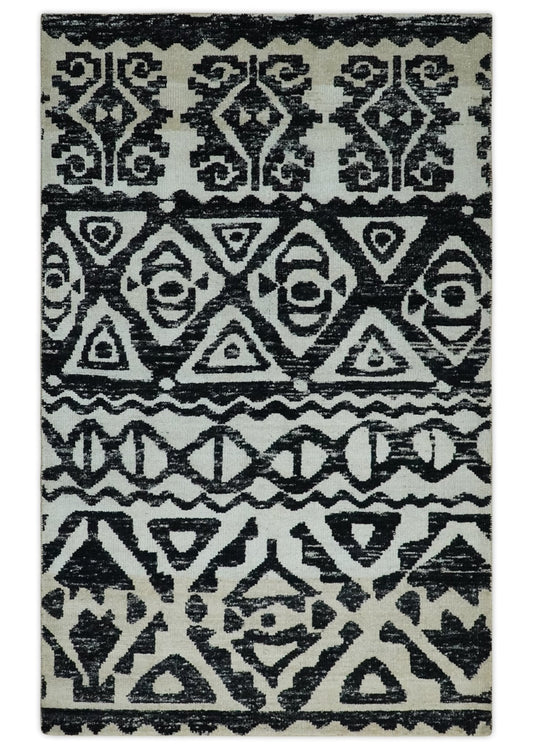 Hand Knotted Ivory and Black Modern Contemporary Recycled Silk Area Rug.
