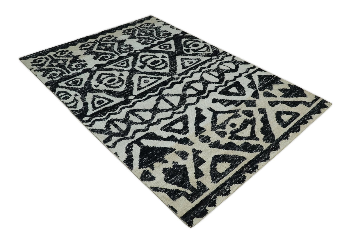 Hand Knotted Ivory and Black Modern Contemporary Recycled Silk Area Rug.