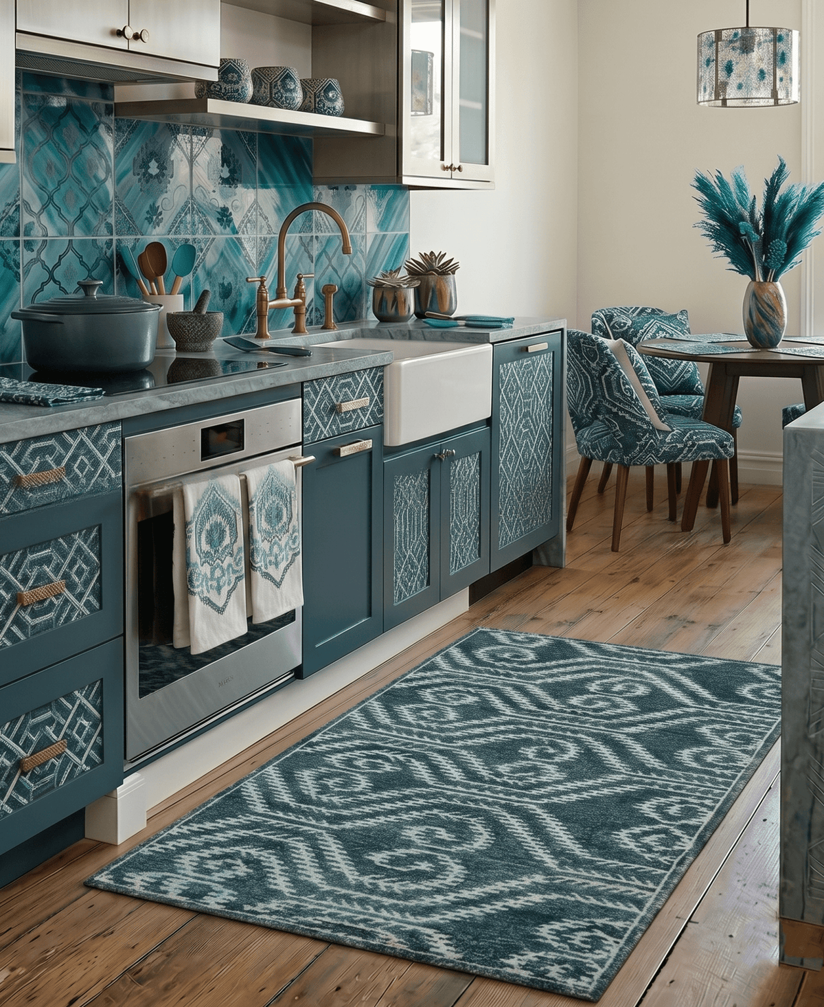 5x8 Hand Knotted Teal and Ivory Modern Contemporary Recycled Silk Area Rug.