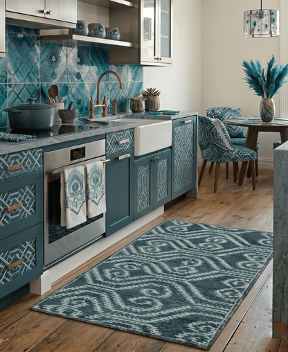 5x8 Hand Knotted Teal and Ivory Modern Contemporary Recycled Silk Area Rug.