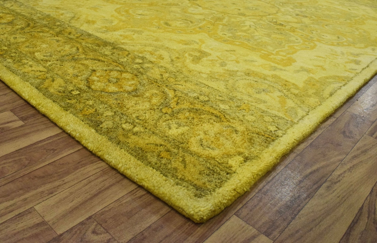 Gold Traditional Floral Design Hand Tufted Overdyed Wool Area Rug.