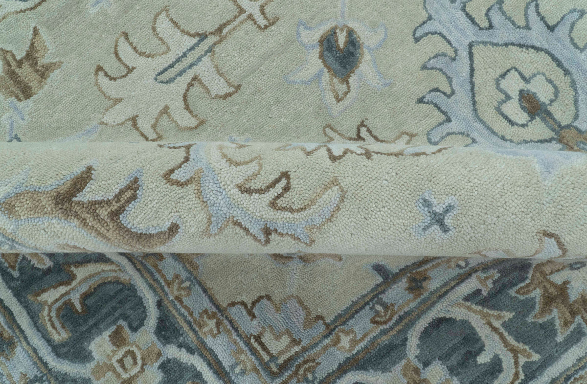 Traditional Oushak Design Beige And Blue Hand Tufted Custom Made Wool Rug.