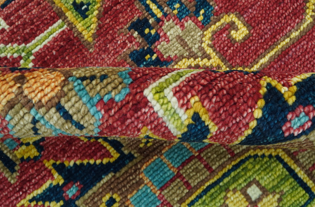 Custom Made Red And Mustard Traditional Floral Design Hand Knotted Wool Rug.
