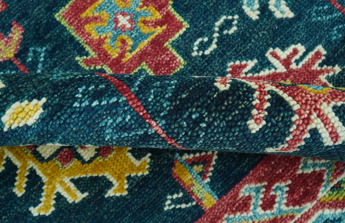 Custom Made Blue And Red Traditional Tribal Design Hand Knotted Wool Rug.