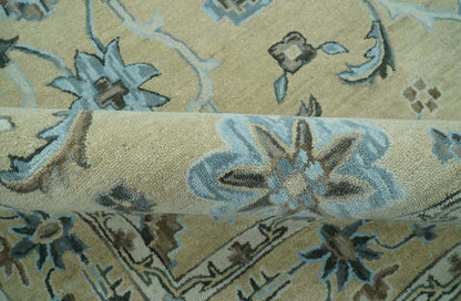Custom Made Beige, Ivory and Blue Hand Tufted Floral Oriental Oushak wool area rug.