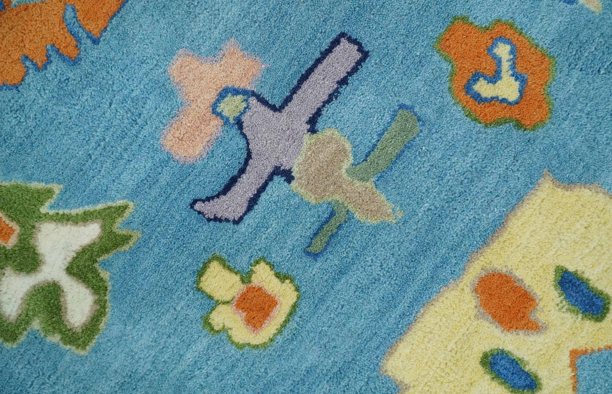 Hand Tufted Blue and Ivory Multi Size Modern Colorful Oushak Rug.