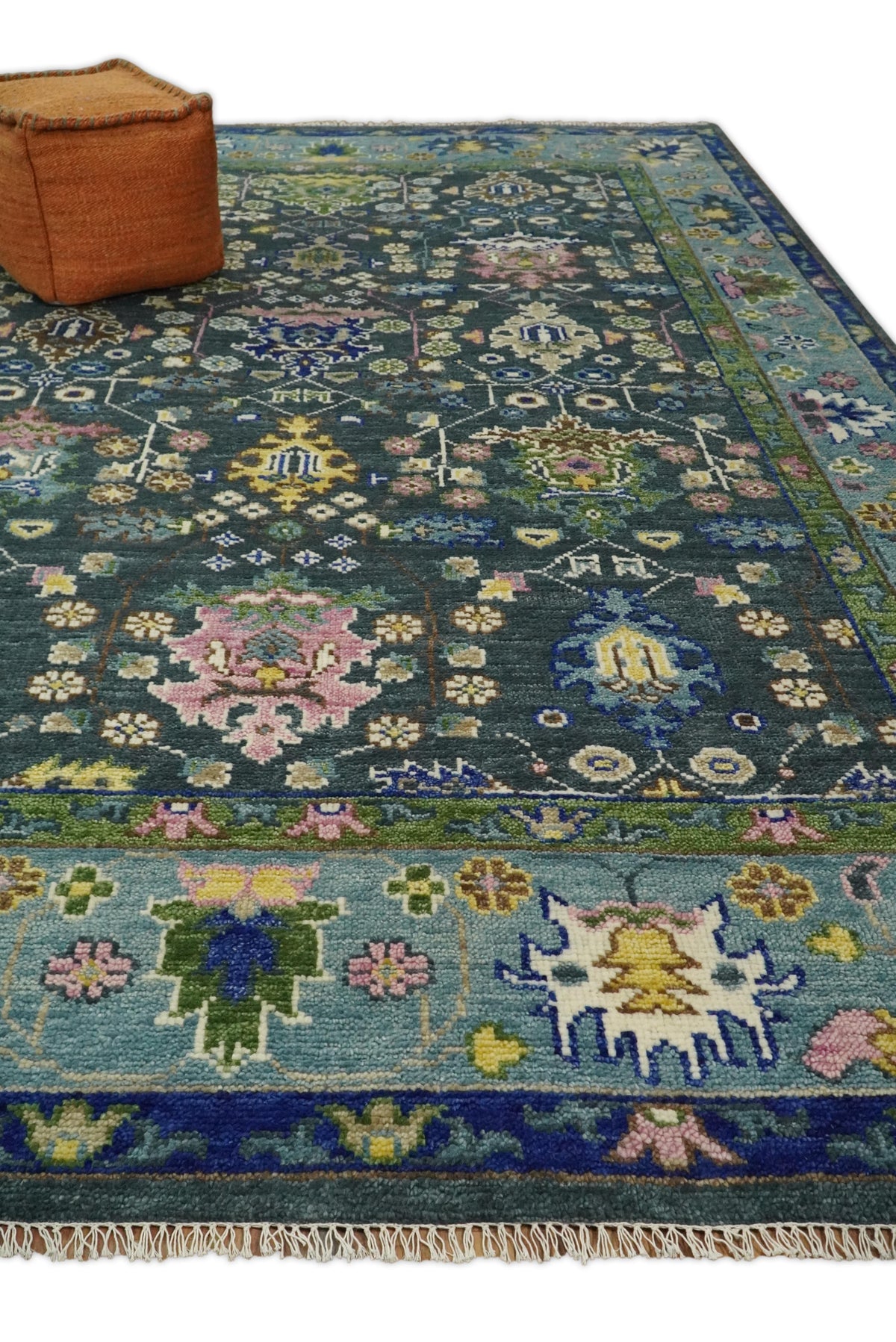 Antique Design Hand Knotted Charcoal, Green Moss and Blue Oushak Custom Made Rug.