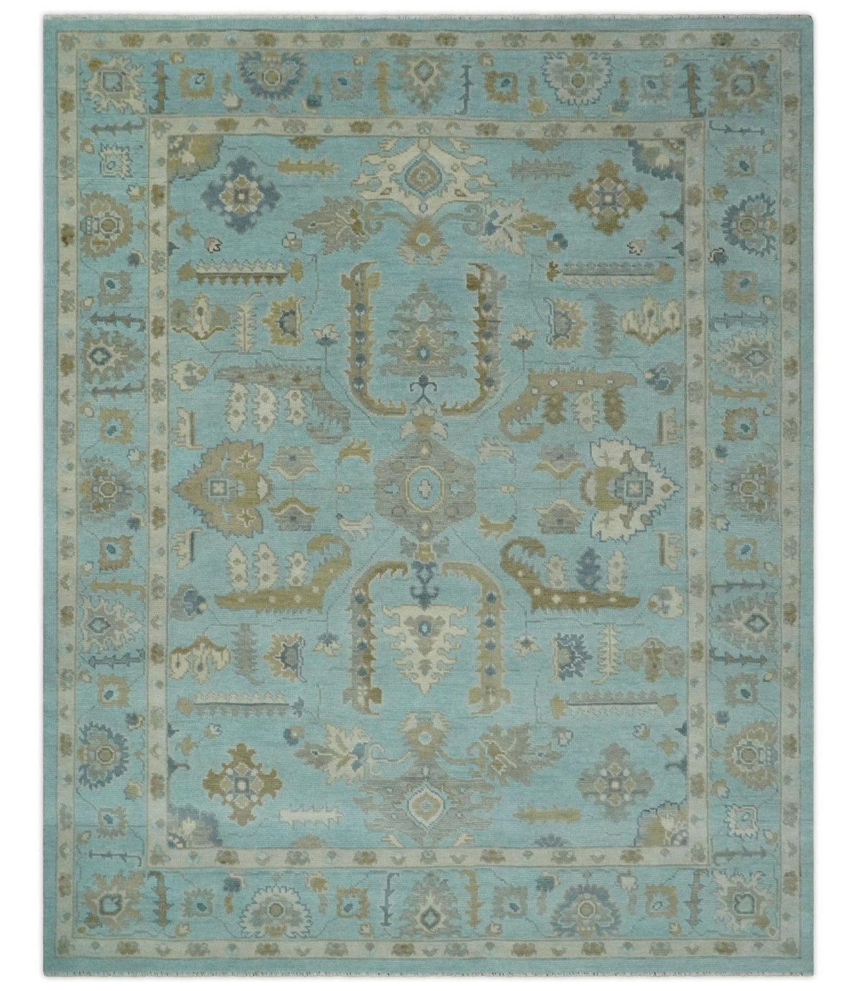 Custom Made Blue, Brown and Ivory Hand knotted Traditional Oushak Wool Rug.