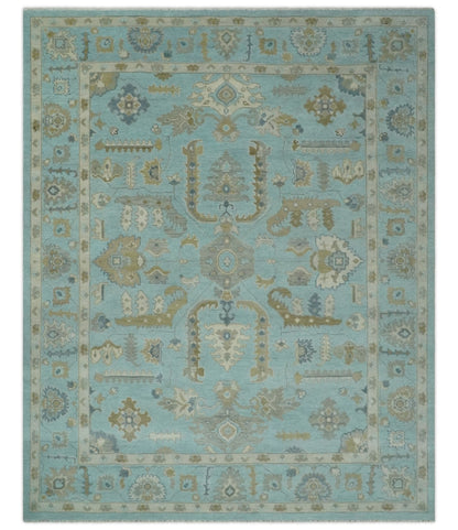 Custom Made Blue, Brown and Ivory Hand knotted Traditional Oushak Wool Rug.