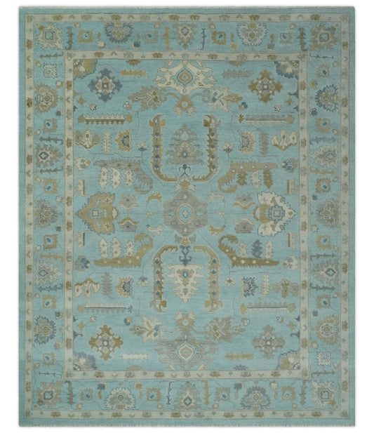 Custom Made Blue, Brown and Ivory Hand knotted Traditional Oushak Wool Rug.