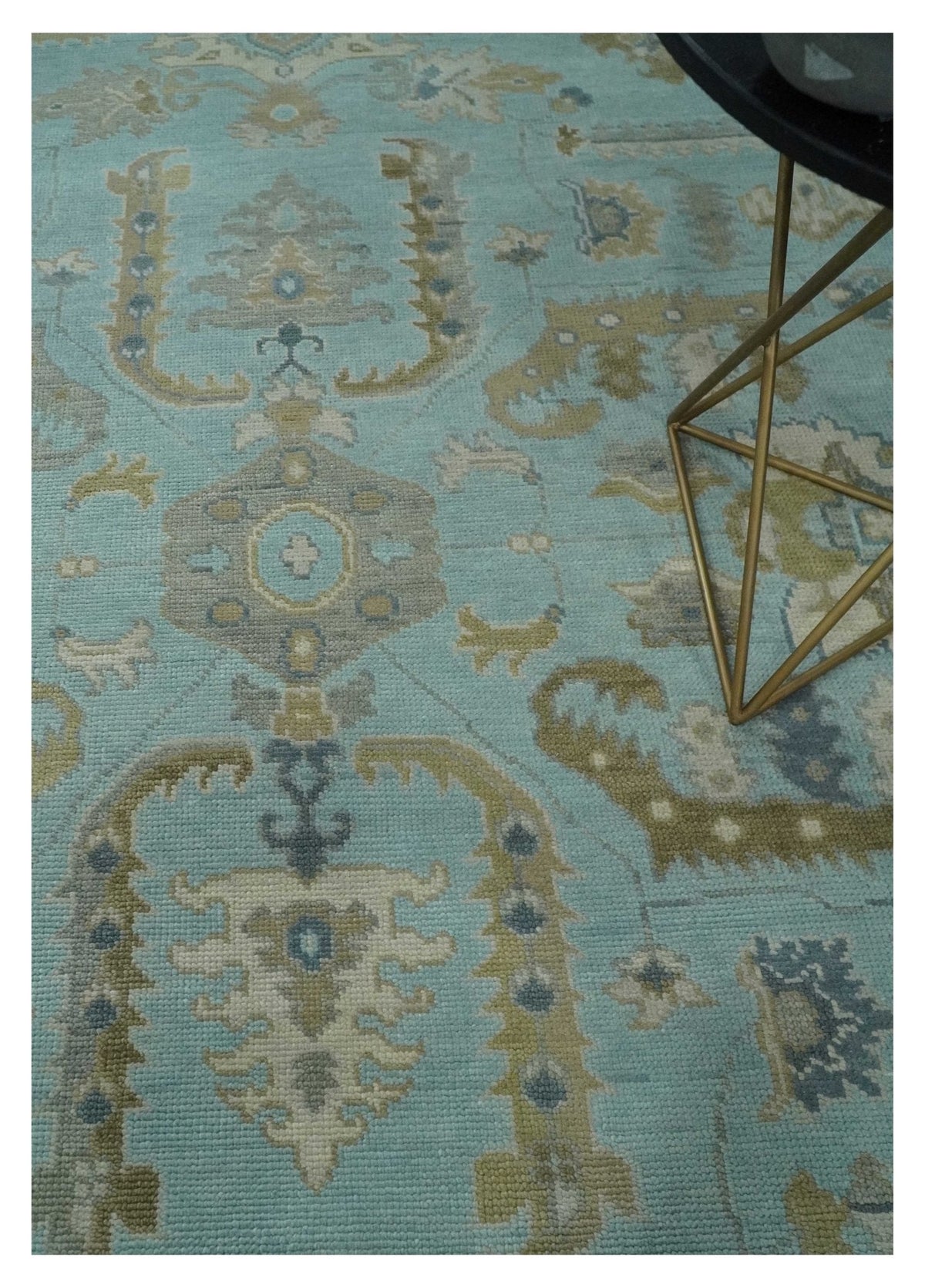 Custom Made Blue, Brown and Ivory Hand knotted Traditional Oushak Wool Rug.