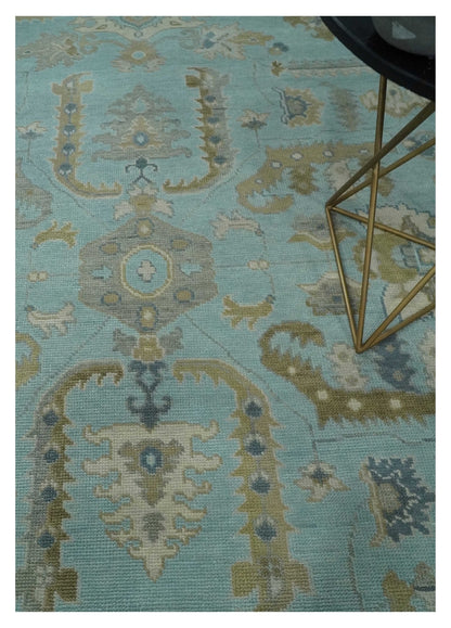 Custom Made Blue, Brown and Ivory Hand knotted Traditional Oushak Wool Rug.