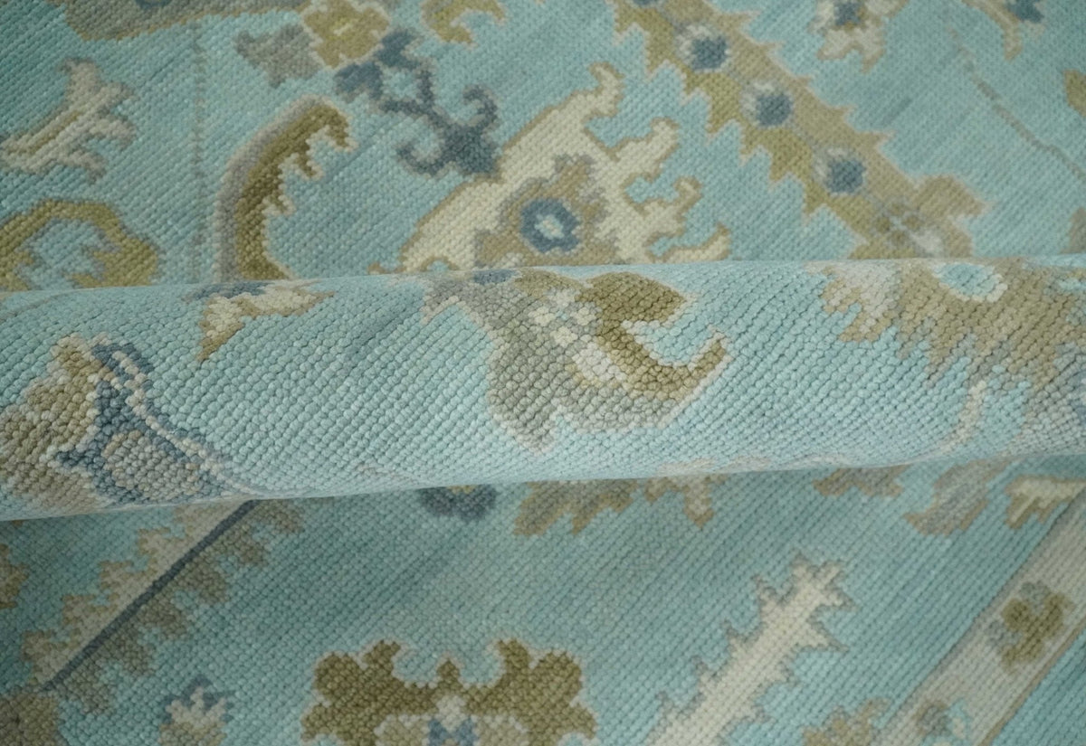 Custom Made Blue, Brown and Ivory Hand knotted Traditional Oushak Wool Rug.