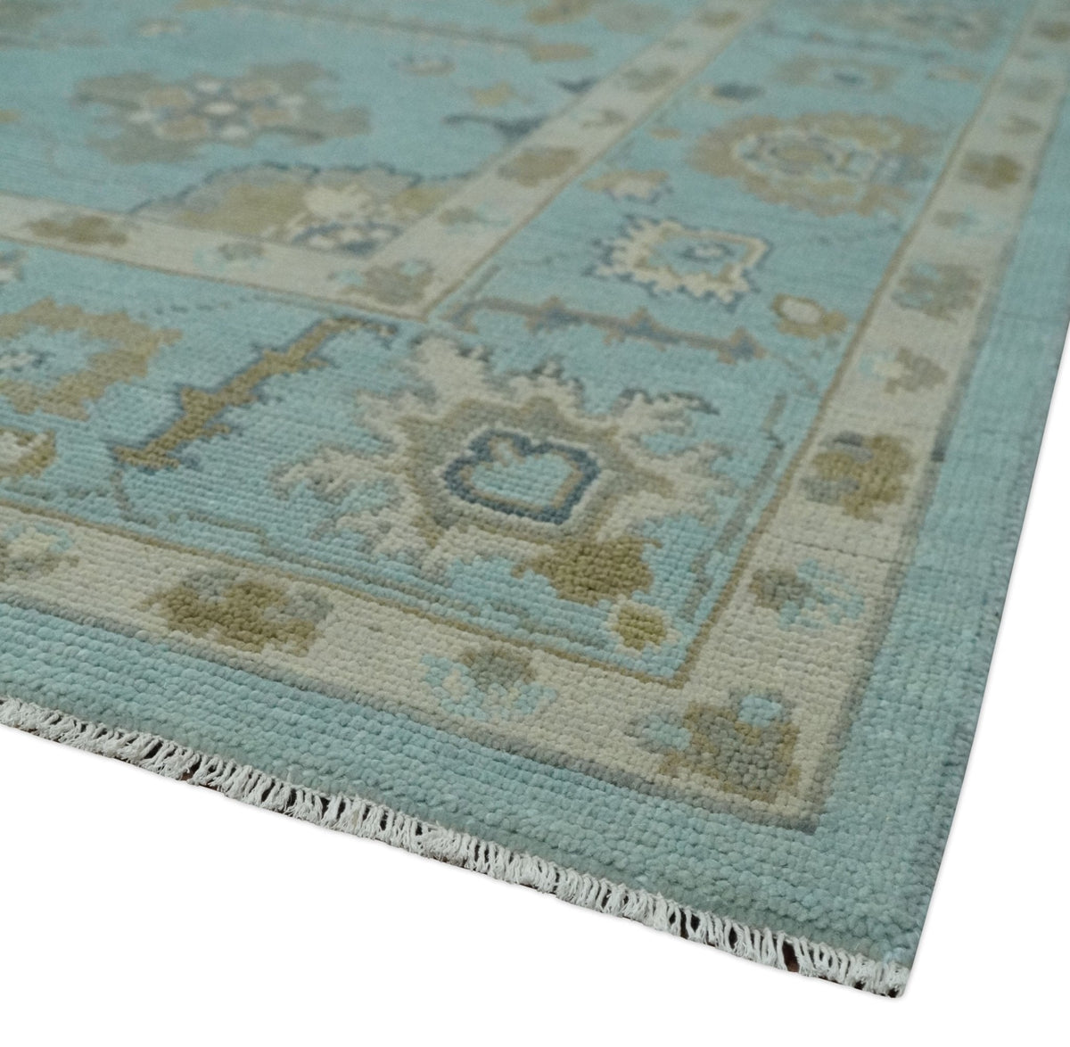 Custom Made Blue, Brown and Ivory Hand knotted Traditional Oushak Wool Rug.