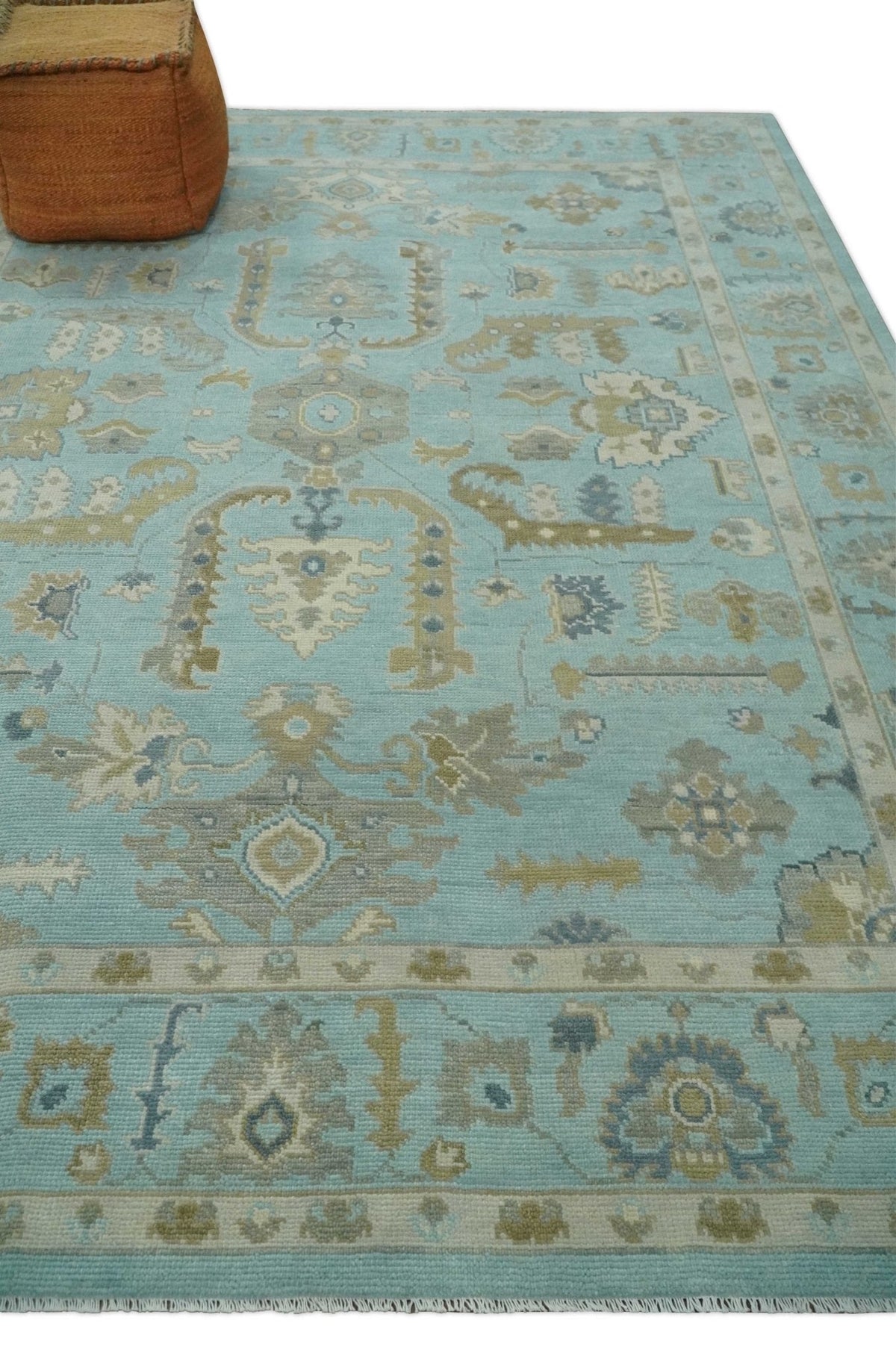 Custom Made Blue, Brown and Ivory Hand knotted Traditional Oushak Wool Rug.