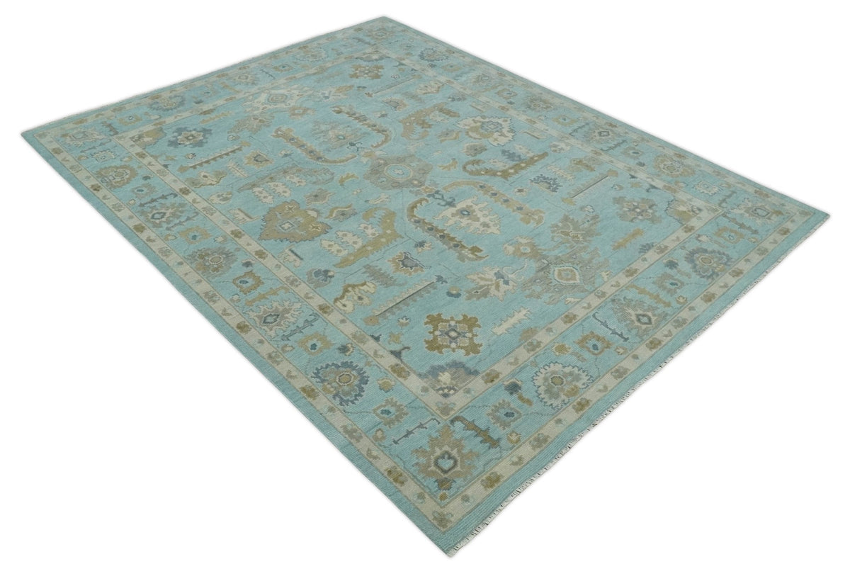 Custom Made Blue, Brown and Ivory Hand knotted Traditional Oushak Wool Rug.