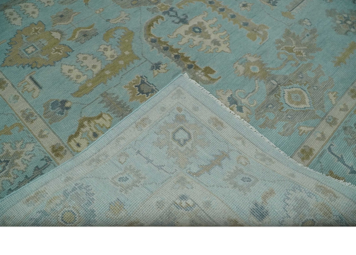 Custom Made Blue, Brown and Ivory Hand knotted Traditional Oushak Wool Rug.