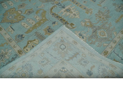 Custom Made Blue, Brown and Ivory Hand knotted Traditional Oushak Wool Rug.