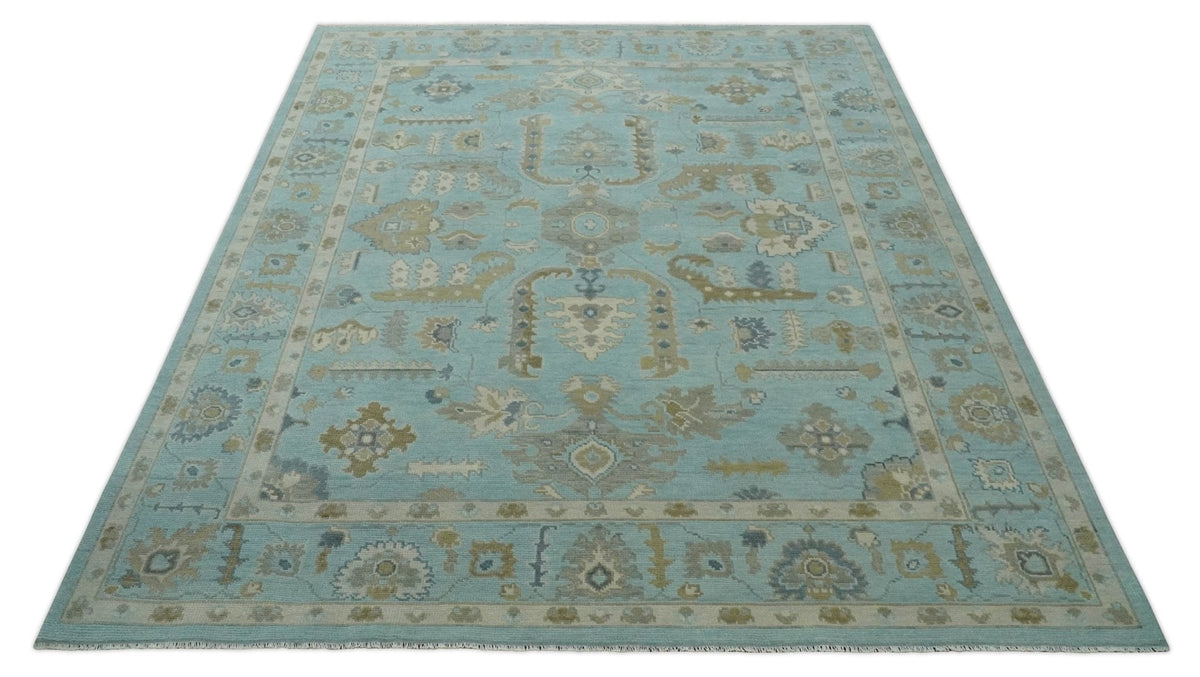 Custom Made Blue, Brown and Ivory Hand knotted Traditional Oushak Wool Rug.