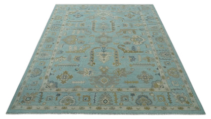 Custom Made Blue, Brown and Ivory Hand knotted Traditional Oushak Wool Rug.