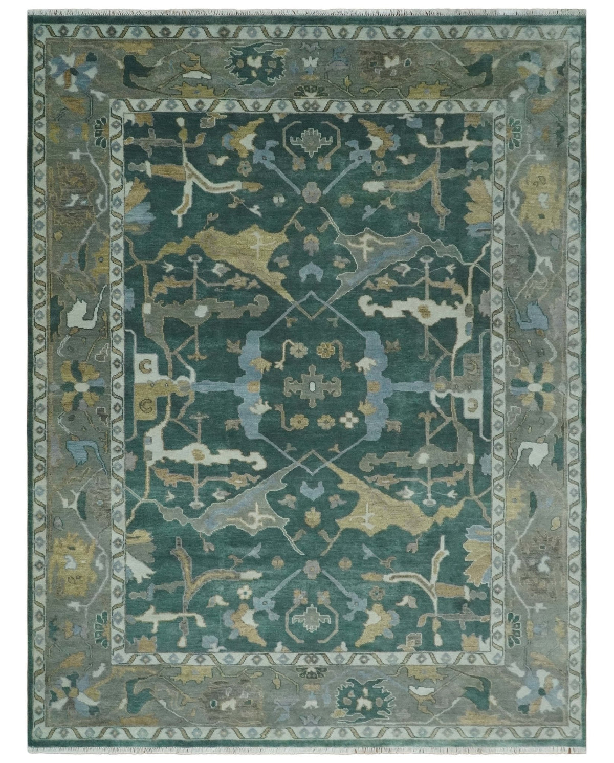 Hand Knotted Oriental Oushak Green and Gray Multi Size Wool Area Rug.
