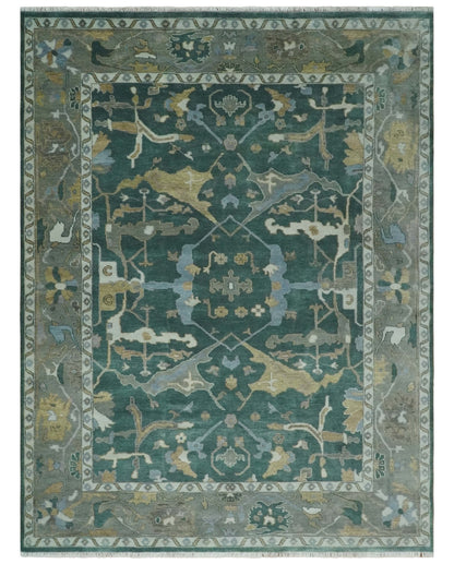 Hand Knotted Oriental Oushak Green and Gray Multi Size Wool Area Rug.