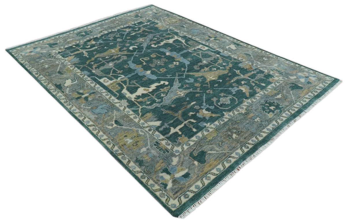Hand Knotted Oriental Oushak Green and Gray Multi Size Wool Area Rug.