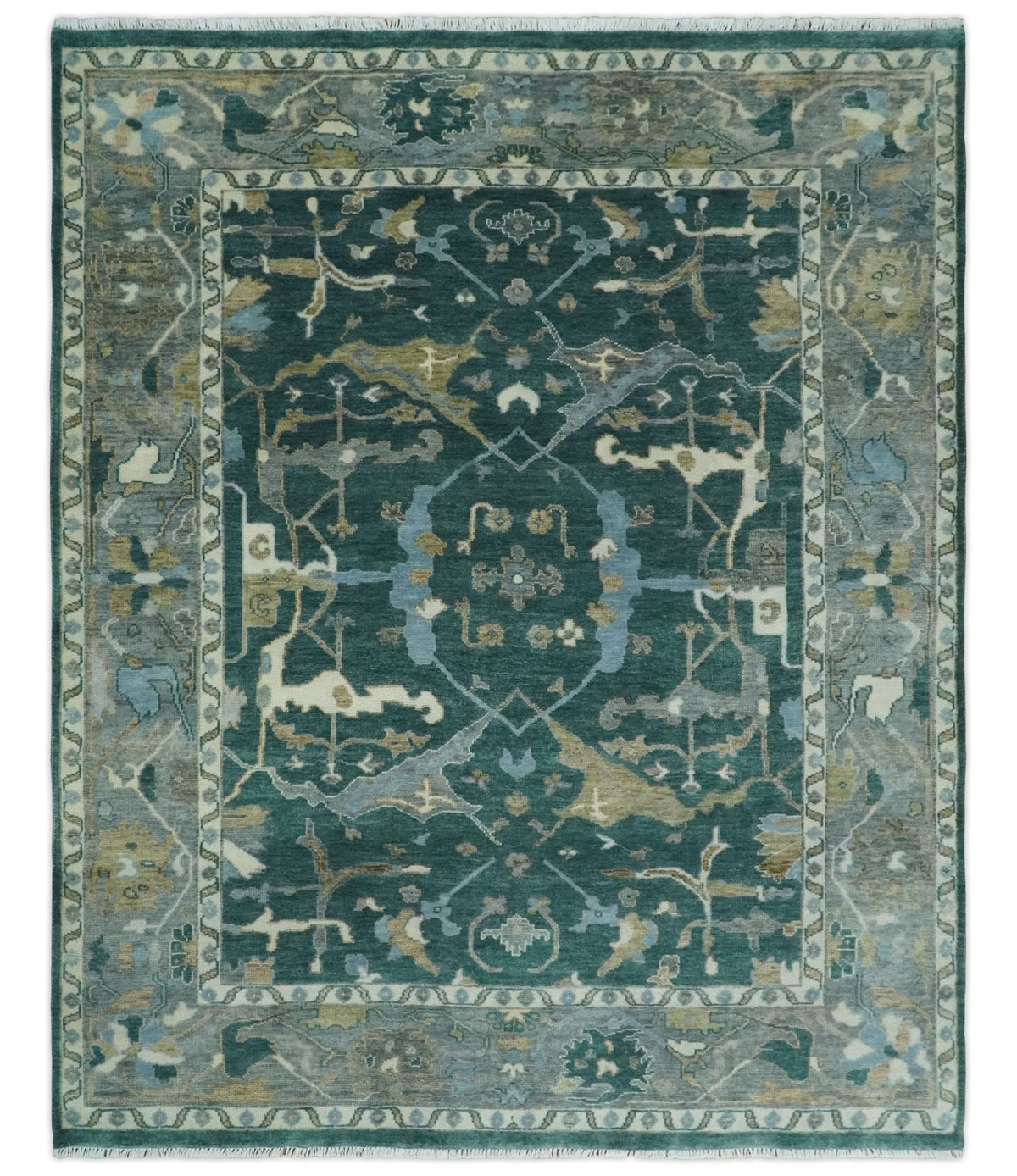 Hand Knotted Oriental Oushak Green and Gray Multi Size Wool Area Rug.