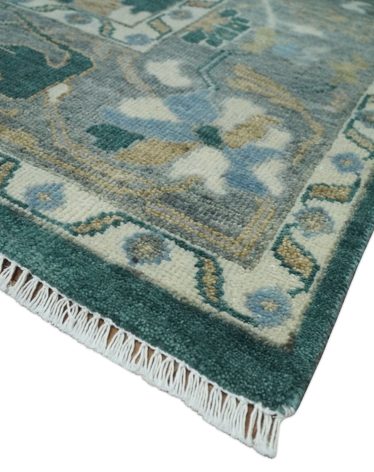 Hand Knotted Oriental Oushak Green and Gray Multi Size Wool Area Rug.