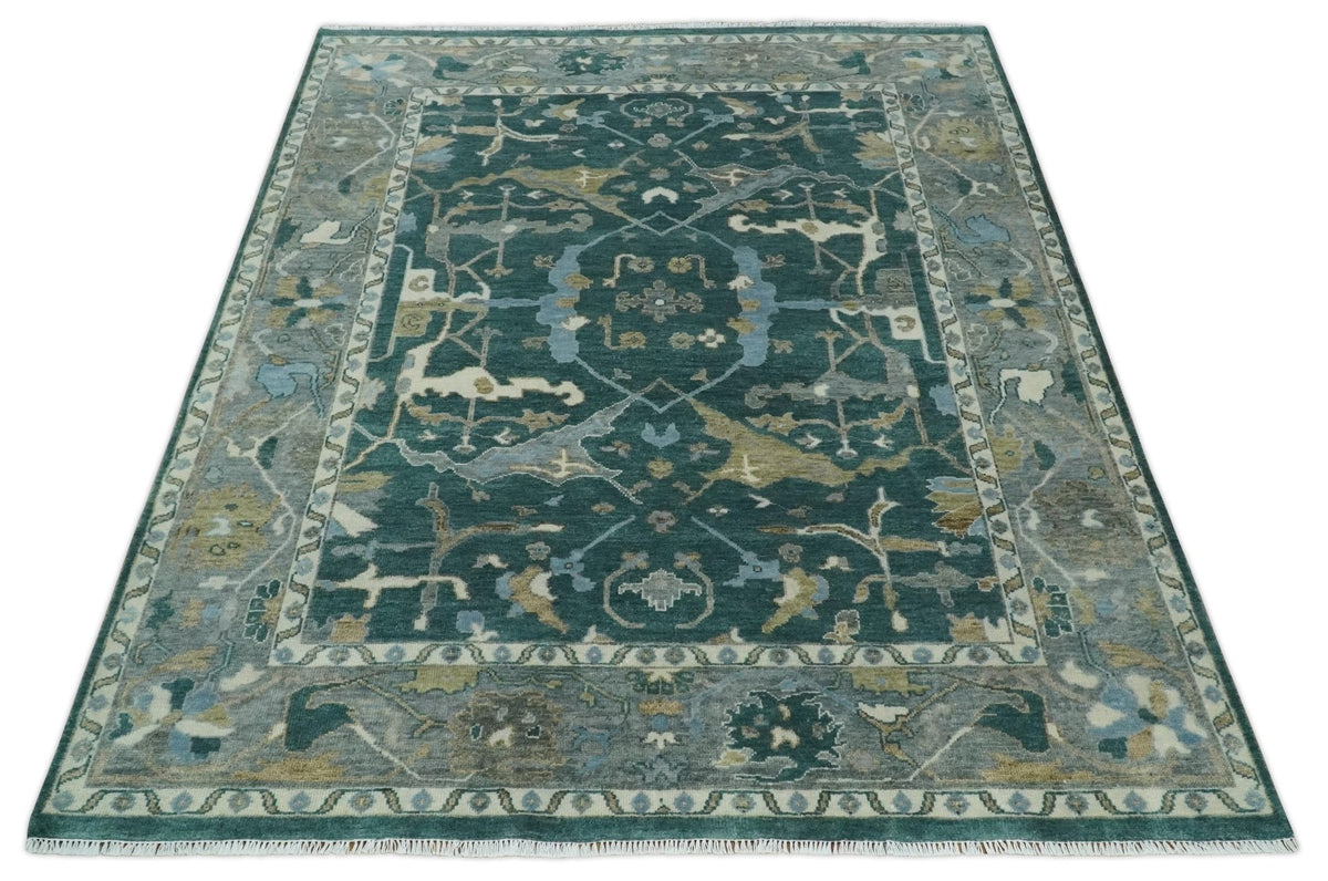 Hand Knotted Oriental Oushak Green and Gray Multi Size Wool Area Rug.