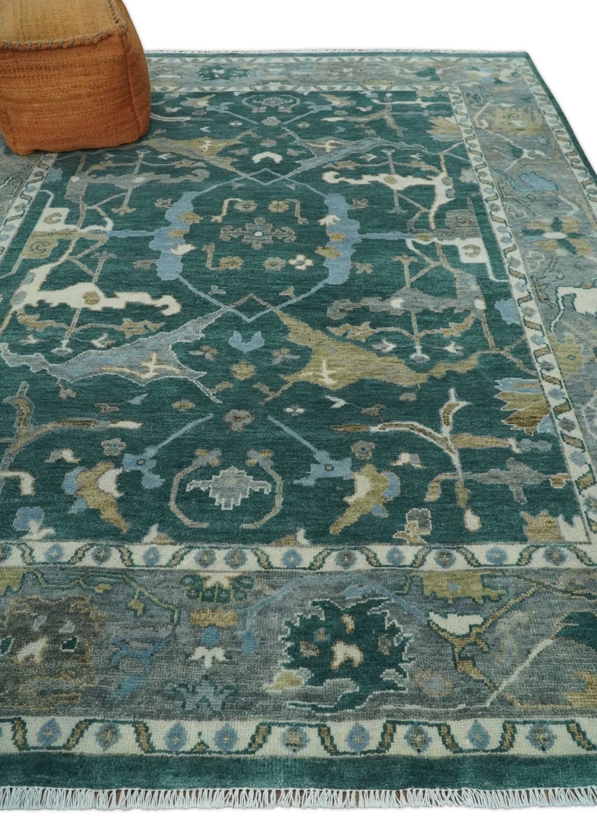 Hand Knotted Oriental Oushak Green and Gray Multi Size Wool Area Rug.
