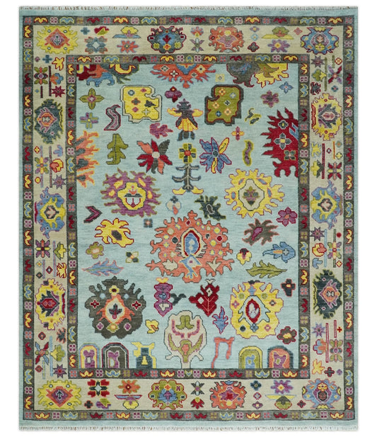 Custom Made Hand Knotted Modern Oushak Blue and Beige Wool Area Rug.