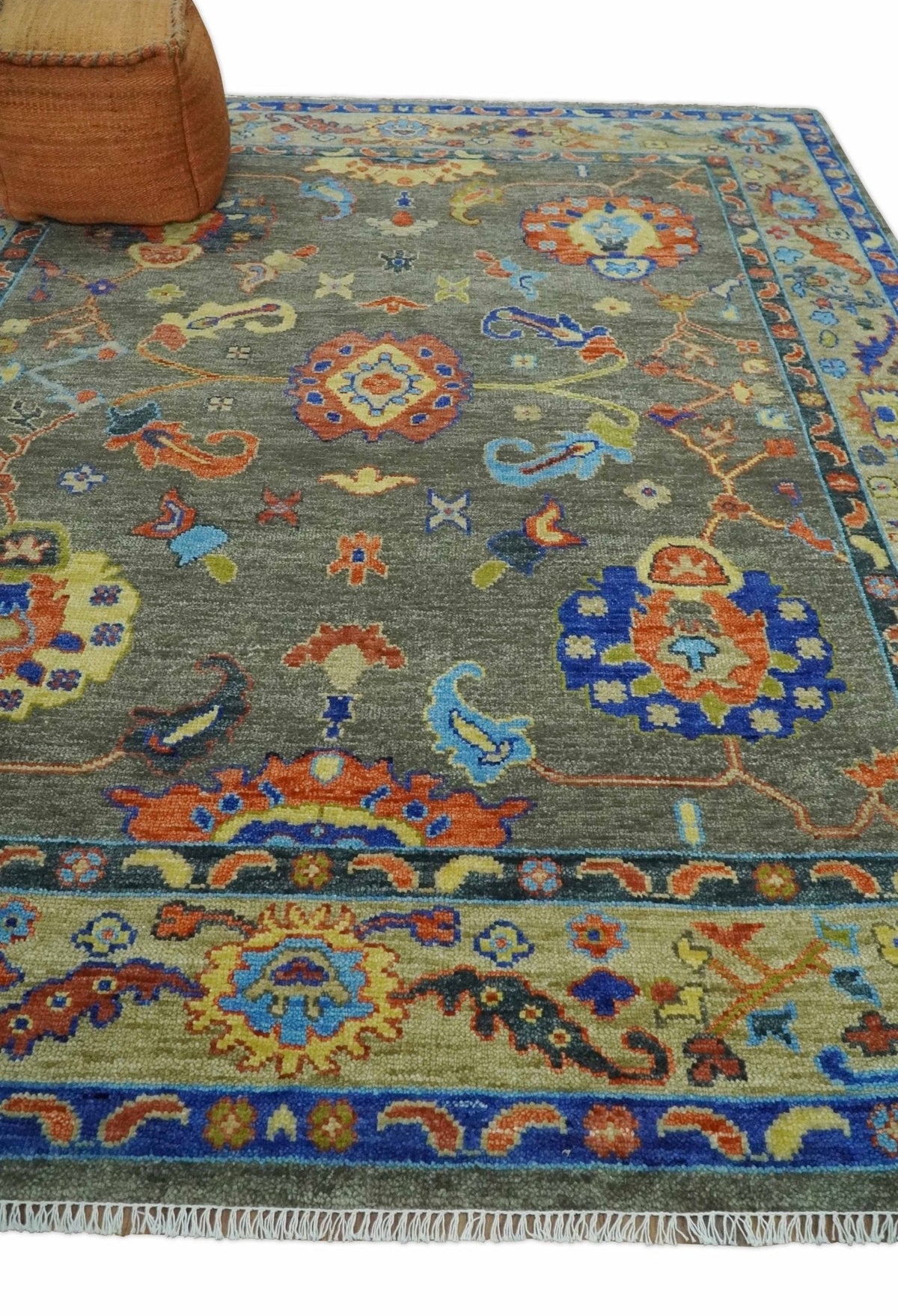 Green and Beige Colorful Hand knotted Traditional Oushak Multi Size wool Area Rug.