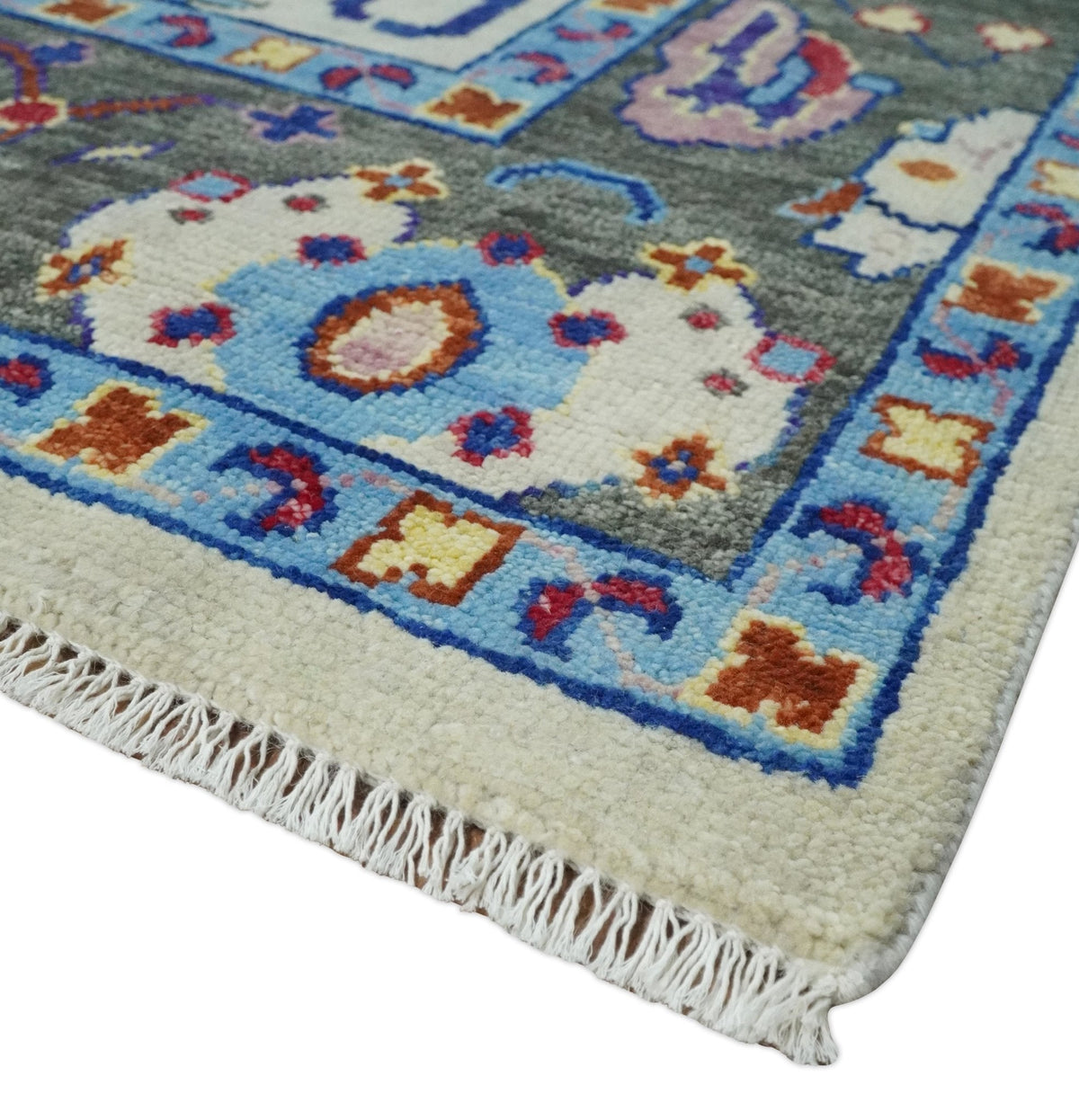 Custom Made Ivory and Gray  Hand knotted Traditional Oushak wool Area Rug.