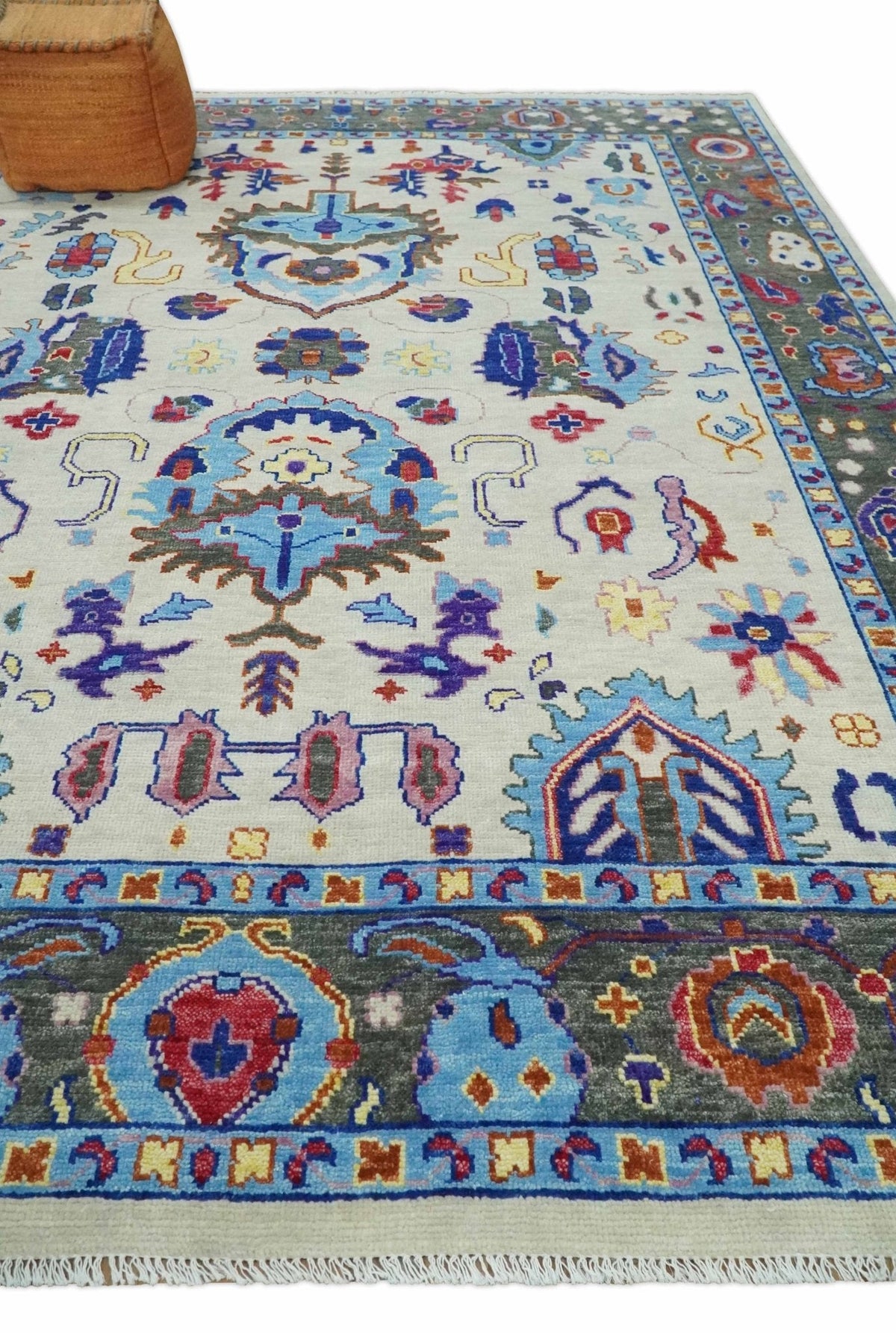 Custom Made Ivory and Gray  Hand knotted Traditional Oushak wool Area Rug.