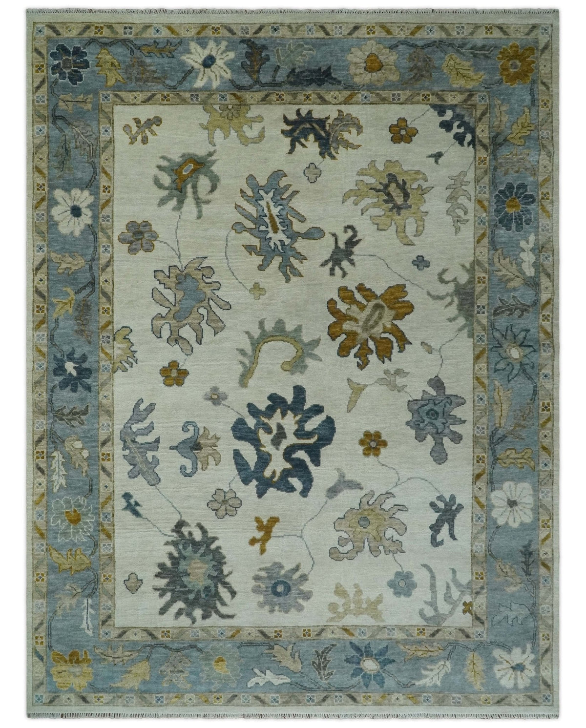 Custom Made Traditional Oushak Ivory and Silver Hand knotted wool Area Rug.
