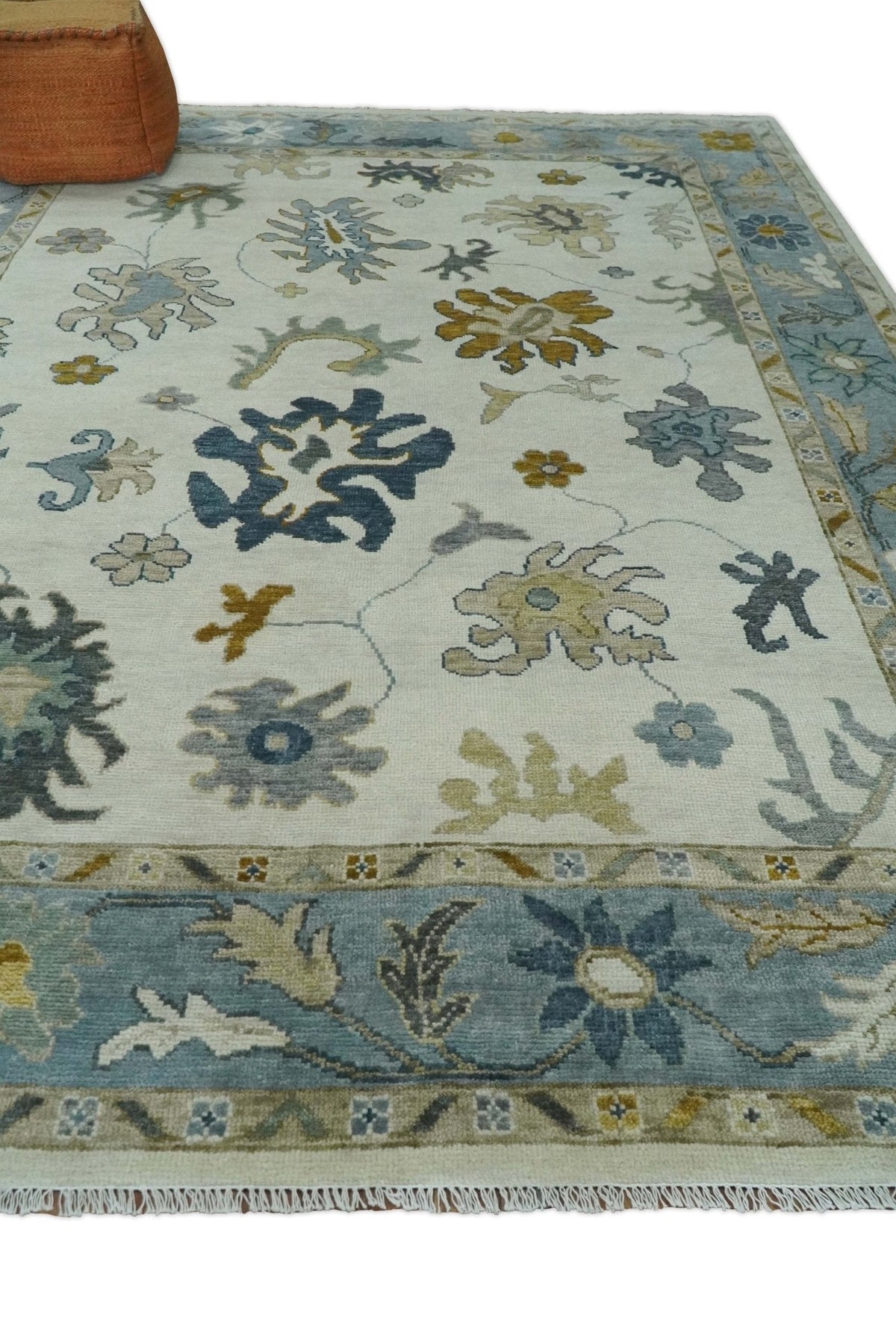 Custom Made Traditional Oushak Ivory and Silver Hand knotted wool Area Rug.
