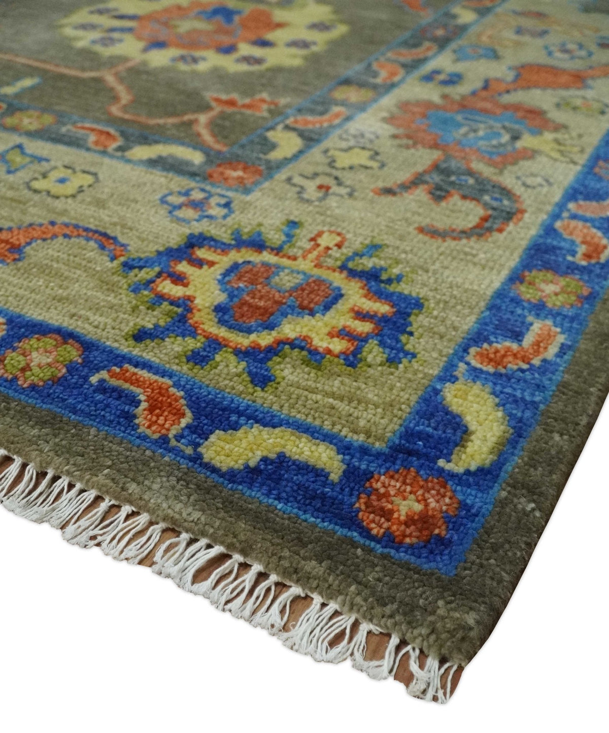 Olive and Blue Vibrant Colorful Traditional Oushak Multi Size wool Area Rug.
