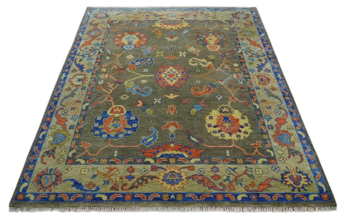 Olive and Blue Vibrant Colorful Traditional Oushak Multi Size wool Area Rug.