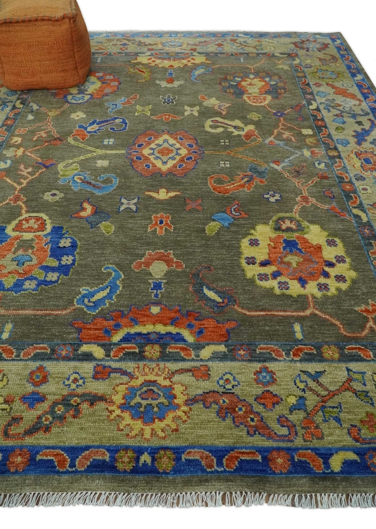 Olive and Blue Vibrant Colorful Traditional Oushak Multi Size wool Area Rug.