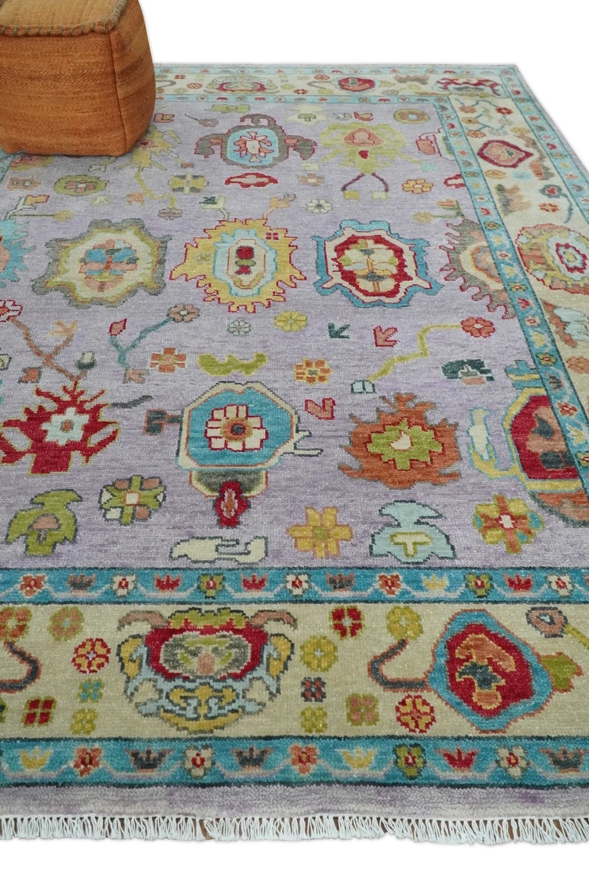 Pink and Beige Vibrant Colorful Hand knotted Traditional Oushak  Area Rug.
