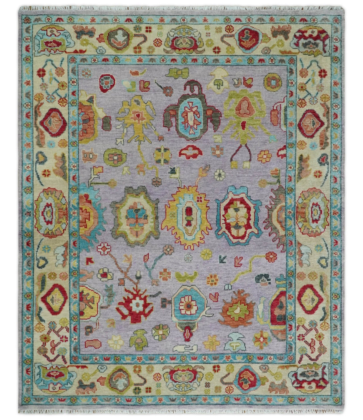 Pink and Beige Vibrant Colorful Hand knotted Traditional Oushak  Area Rug.