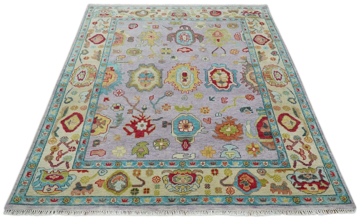 Pink and Beige Vibrant Colorful Hand knotted Traditional Oushak  Area Rug.