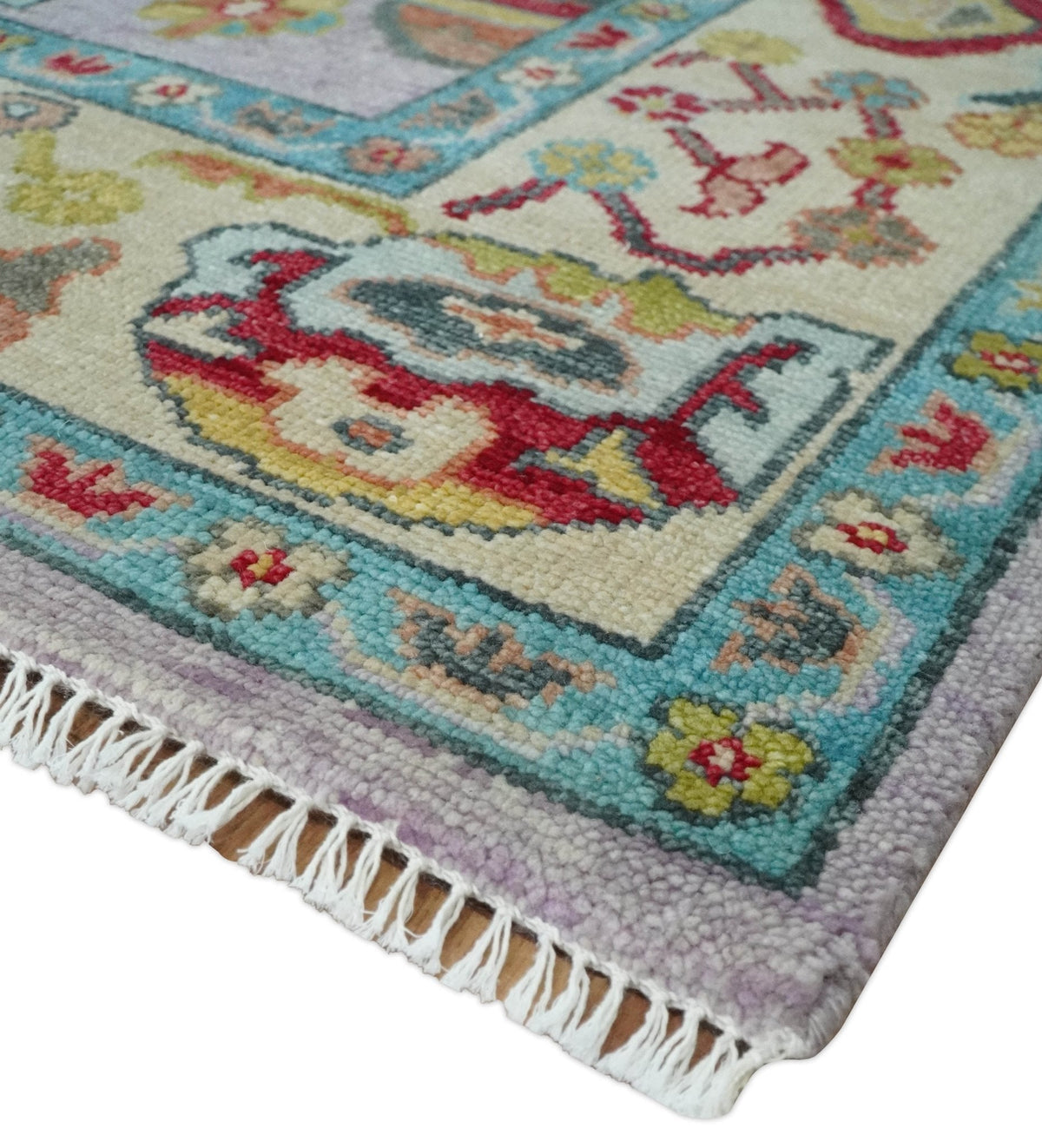 Pink and Beige Vibrant Colorful Hand knotted Traditional Oushak  Area Rug.