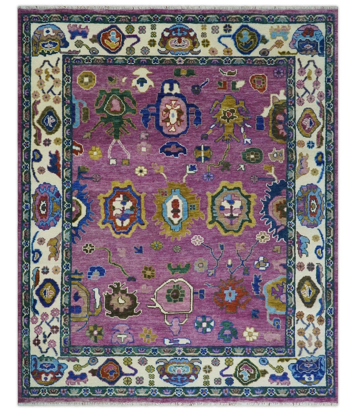 Purple And Ivory Hand knotted Modern Oushak Wool Area Rug.