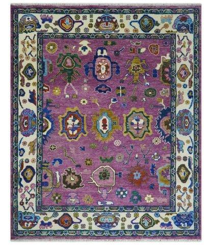 Purple And Ivory Hand knotted Modern Oushak Wool Area Rug.