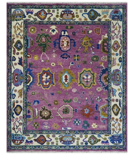 Purple And Ivory Hand knotted Modern Oushak Wool Area Rug.