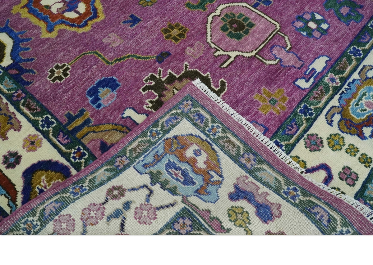 Purple And Ivory Hand knotted Modern Oushak Wool Area Rug.